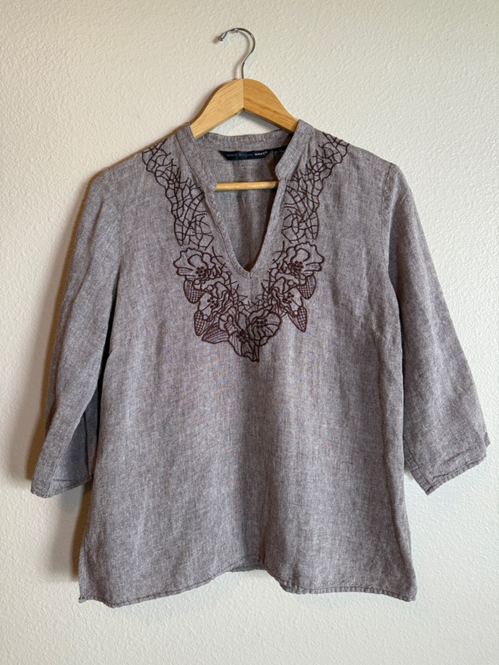 Saint Tropez West 100% Linen Embroidered Peasant Top Large Boho Cottagecore